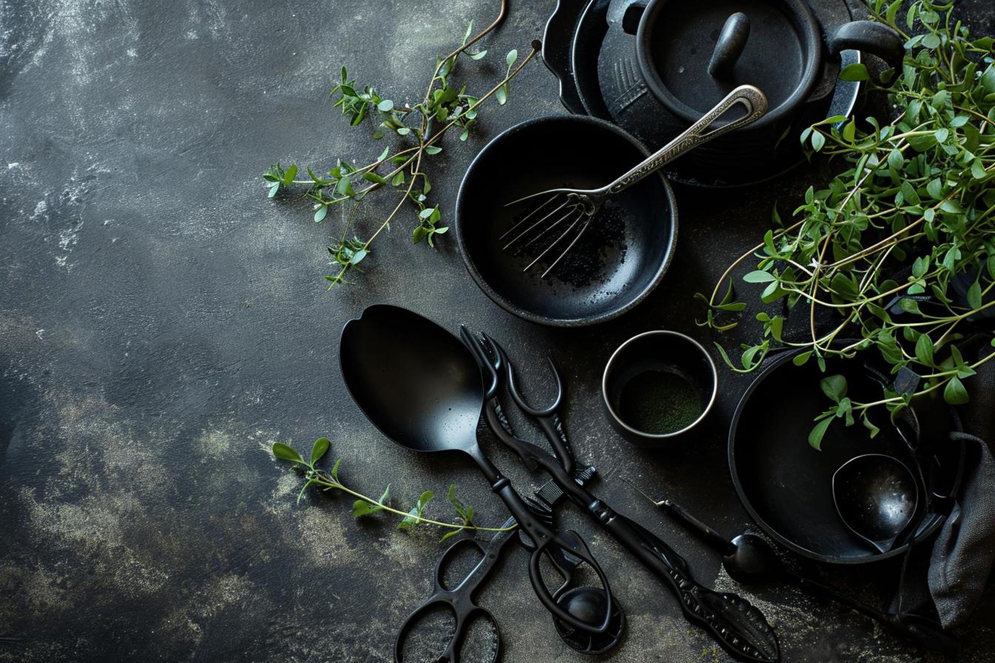 Composizione di strumenti da cucina su sfondo scuro